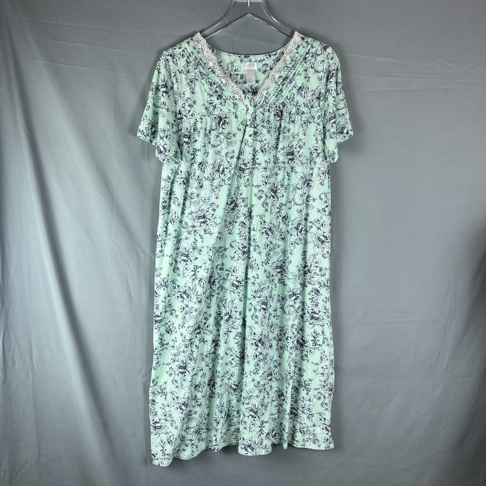 Adonna Nightgown Women Large Mint Green Floral Lace Trim Cotton V Neck Sleepwear